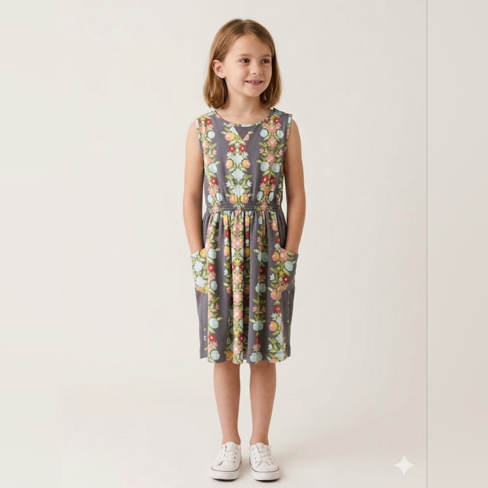 Matilda Jane Girls Gray Floral "435" Sleeveless Pocket Dress - 12